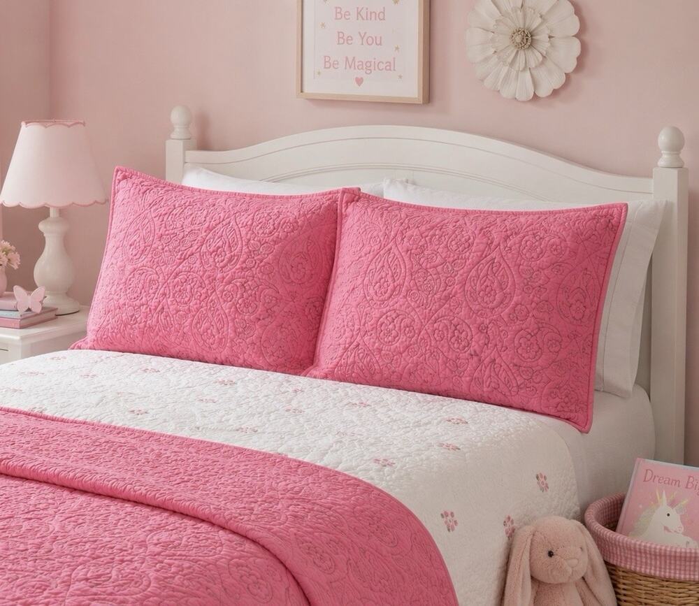 Pottery Barn Kids Pillow Sham Pink Green Paisley Quilted 2 Standard Reversible